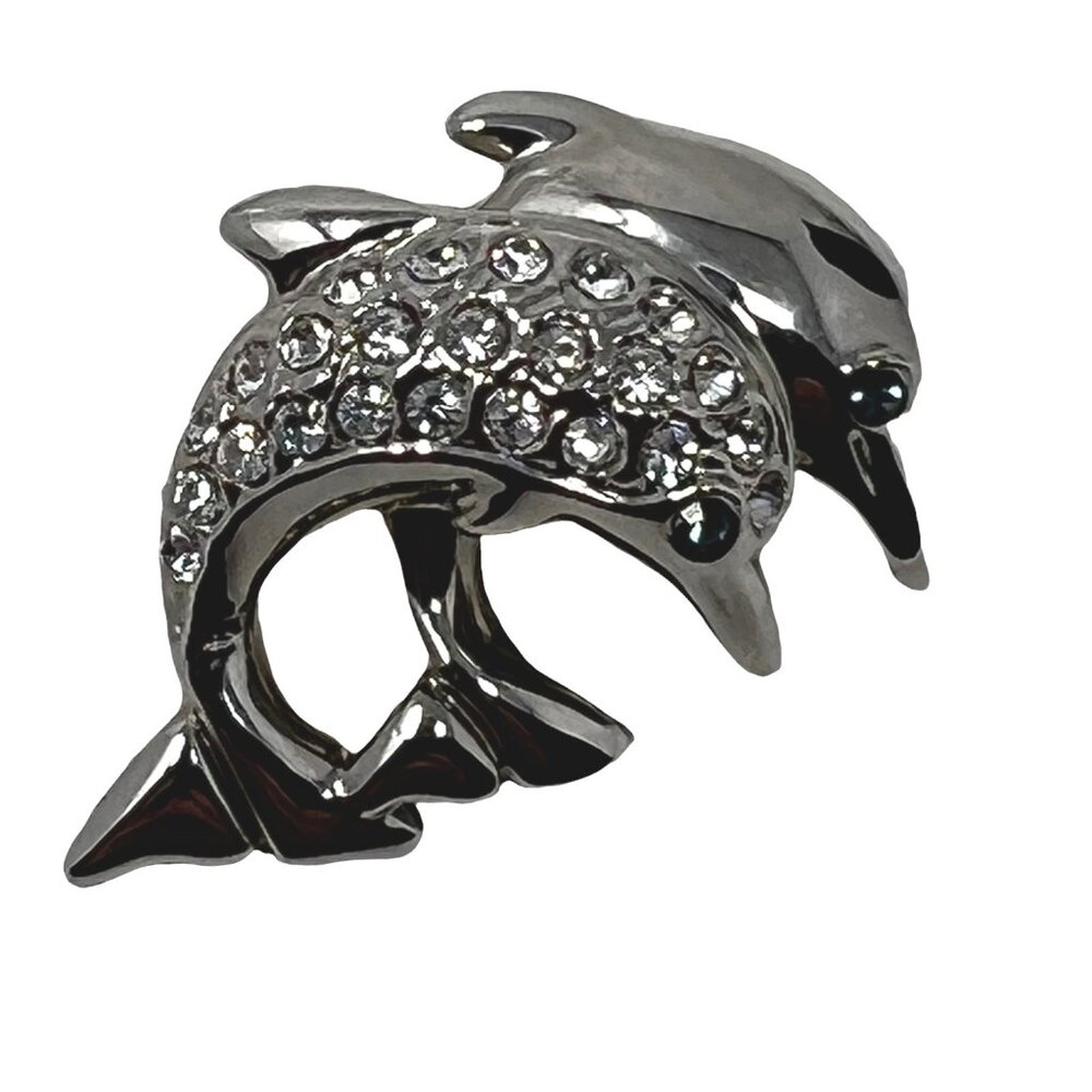 Two Dolphin Brooch Porpoise Clear Rhinestone‎ Pin Beach Ocean